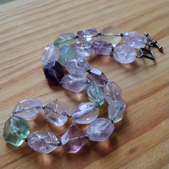 Sterling Silver Multi Chunky Faceted Gemstone Fluorite Amethyst Quartz Choker - Picture 4 of 5